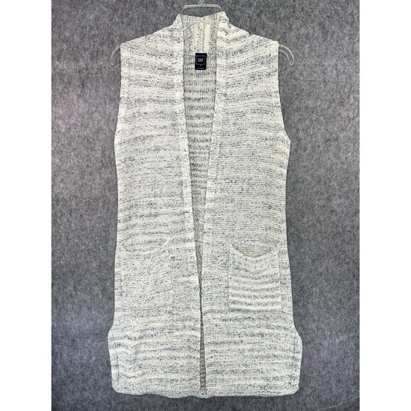 Gap Gray Ivory & Blue Sweater Vest Long Duster Open Cardigan Size M - Picture 1 of 10